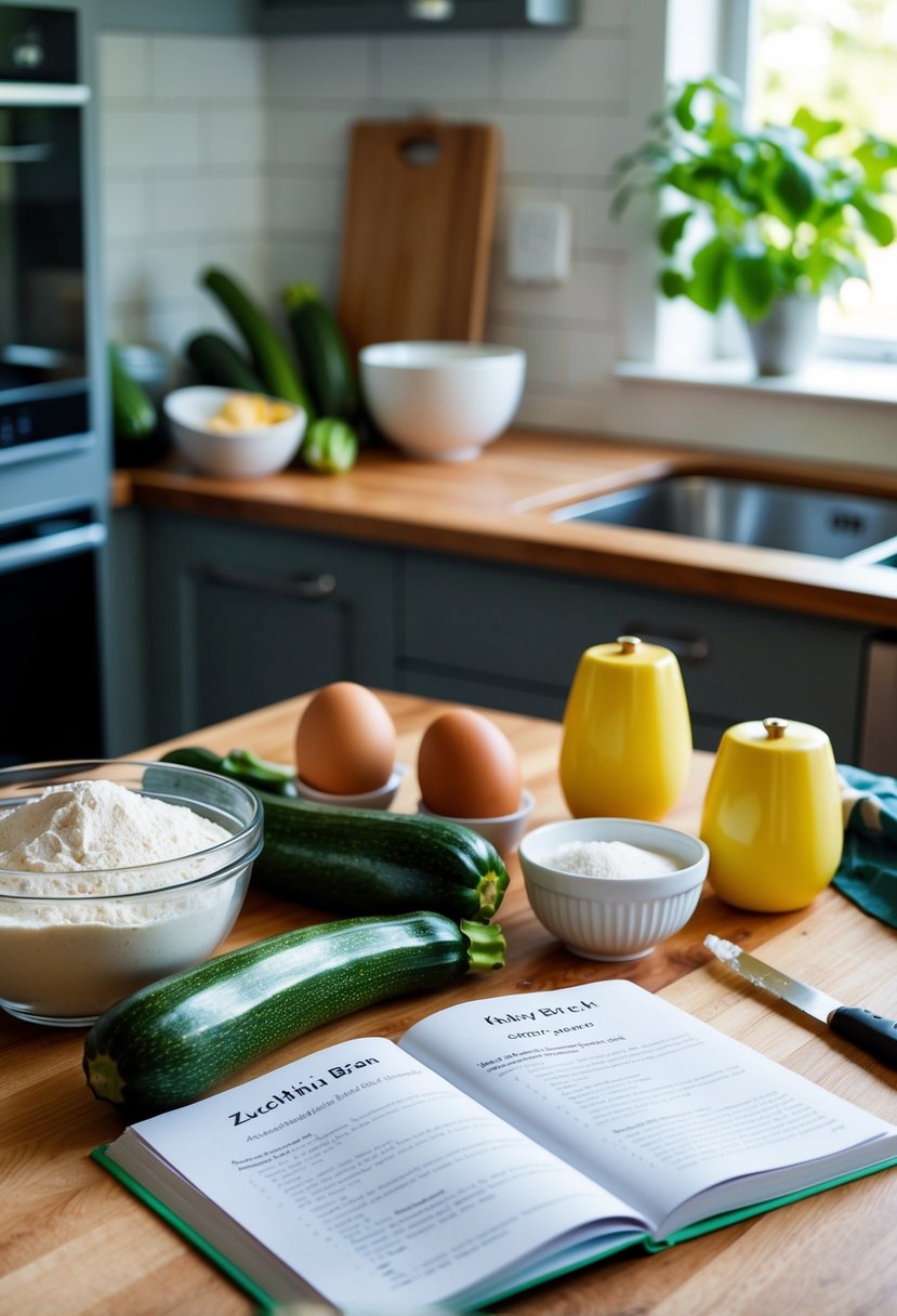 A kitchen counter with fresh zucchinis, flour, sugar, eggs, and a mixing bowl. A recipe book open to a page with easy zucchini bread instructions