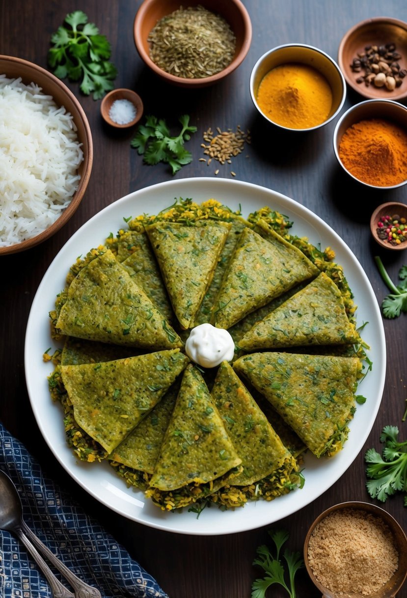 A table set with Methi Thepla, a popular Gujarati vegetarian dish, surrounded by traditional Indian spices and ingredients