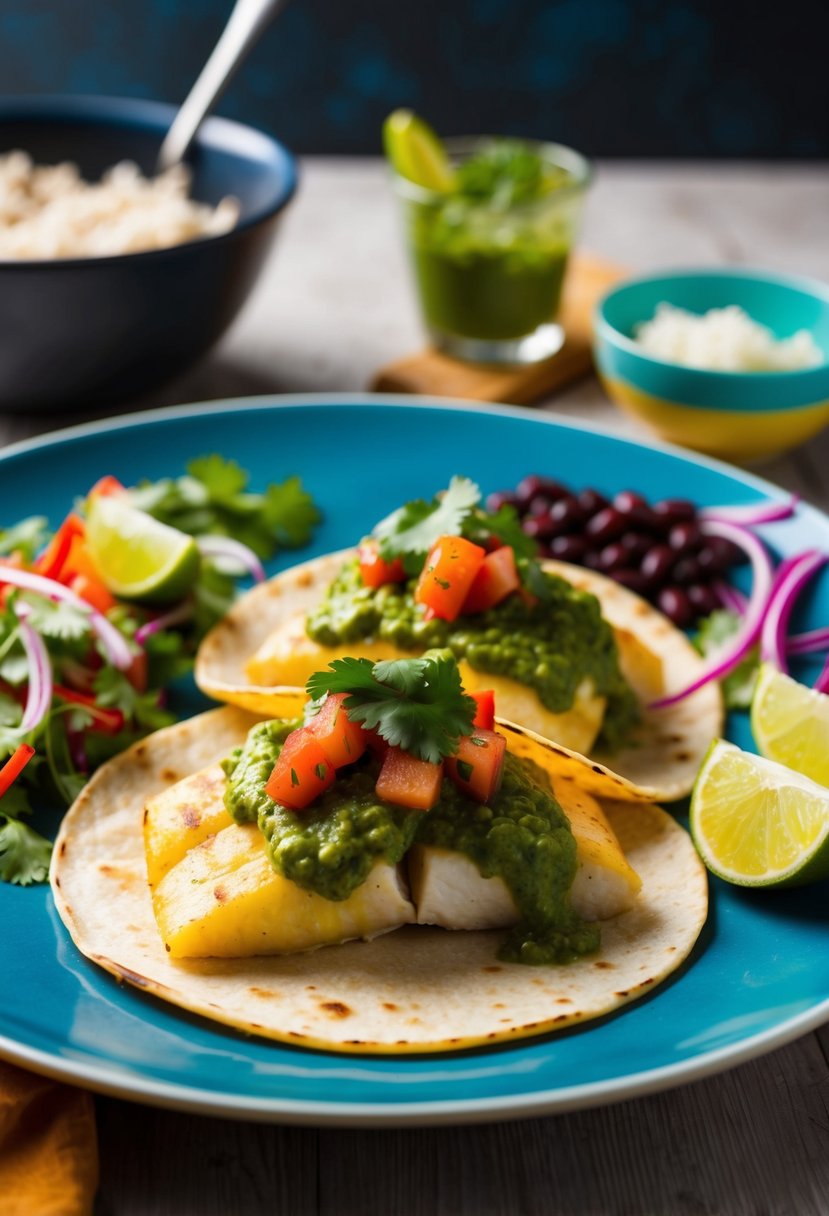 A plate of halibut tacos topped with vibrant salsa verde, served alongside colorful garnishes and a side of rice and beans