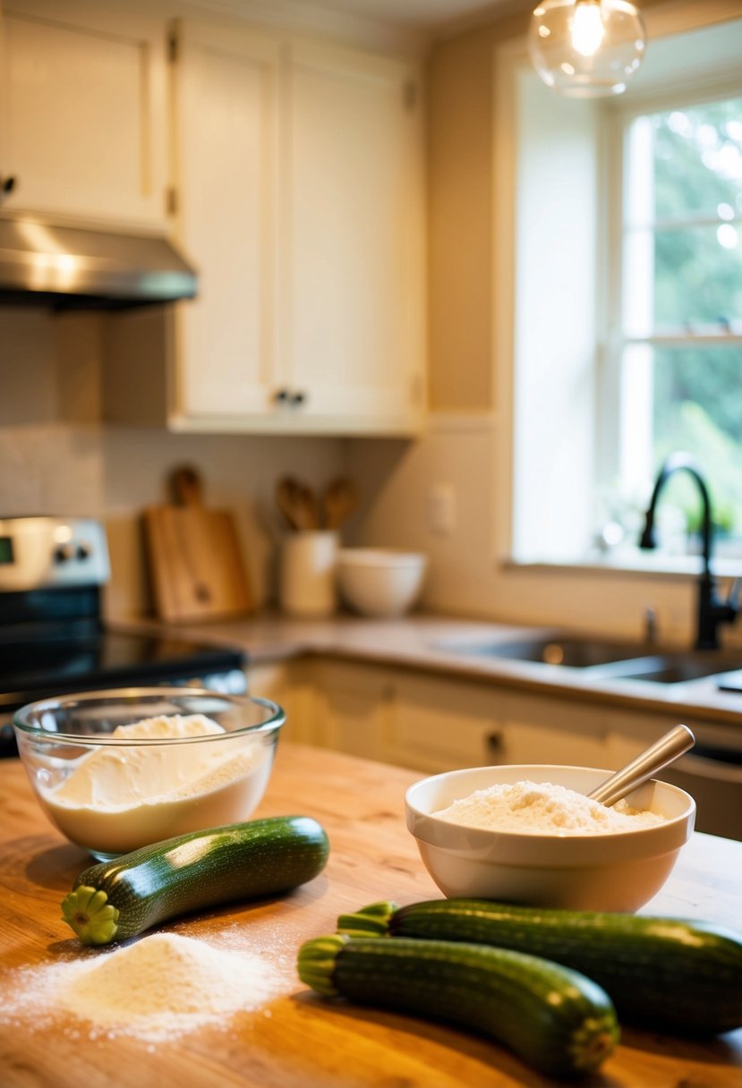 A kitchen counter with fresh zucchinis, flour, sugar, and a mixing bowl, surrounded by a warm, cozy atmosphere