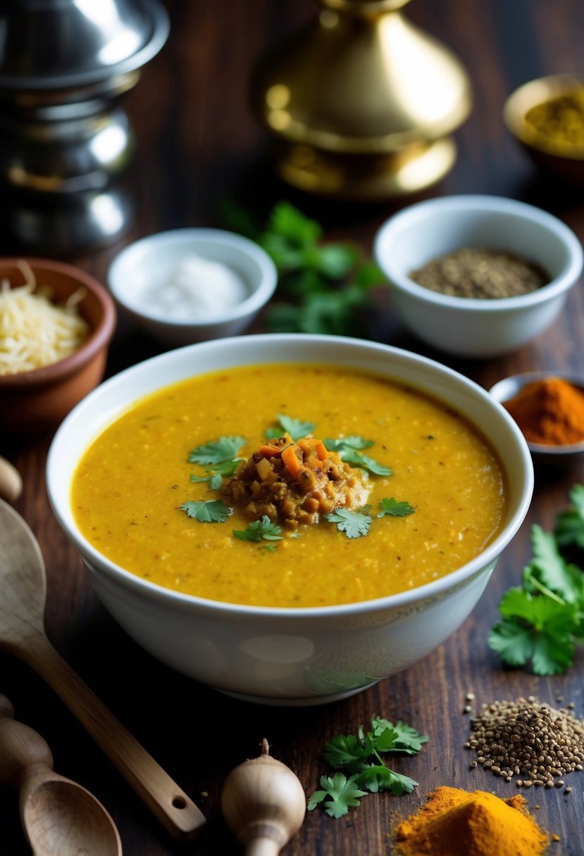 A bowl of Aam Gujarati Kadhi surrounded by ingredients and spices