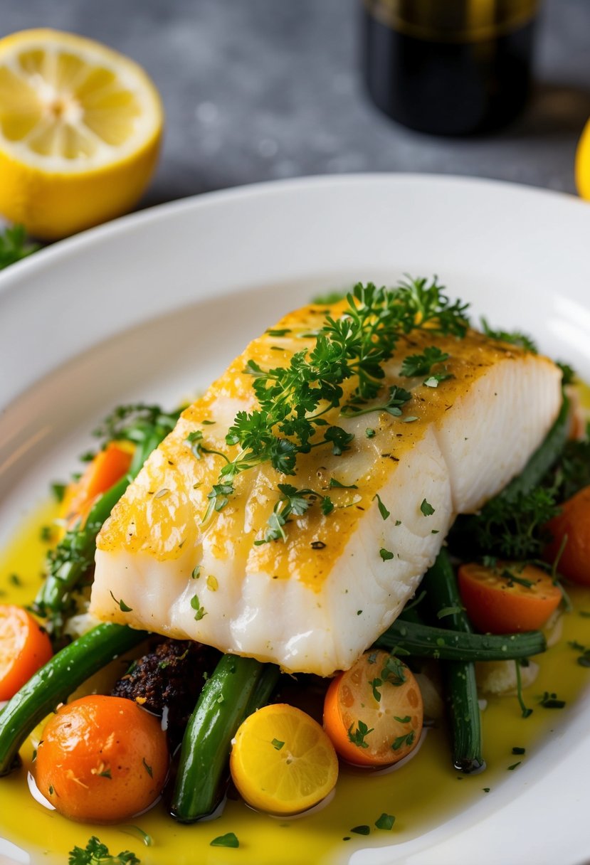 A golden-brown halibut fillet, topped with a medley of fresh herbs, sits on a bed of roasted vegetables, surrounded by a drizzle of lemon-infused olive oil