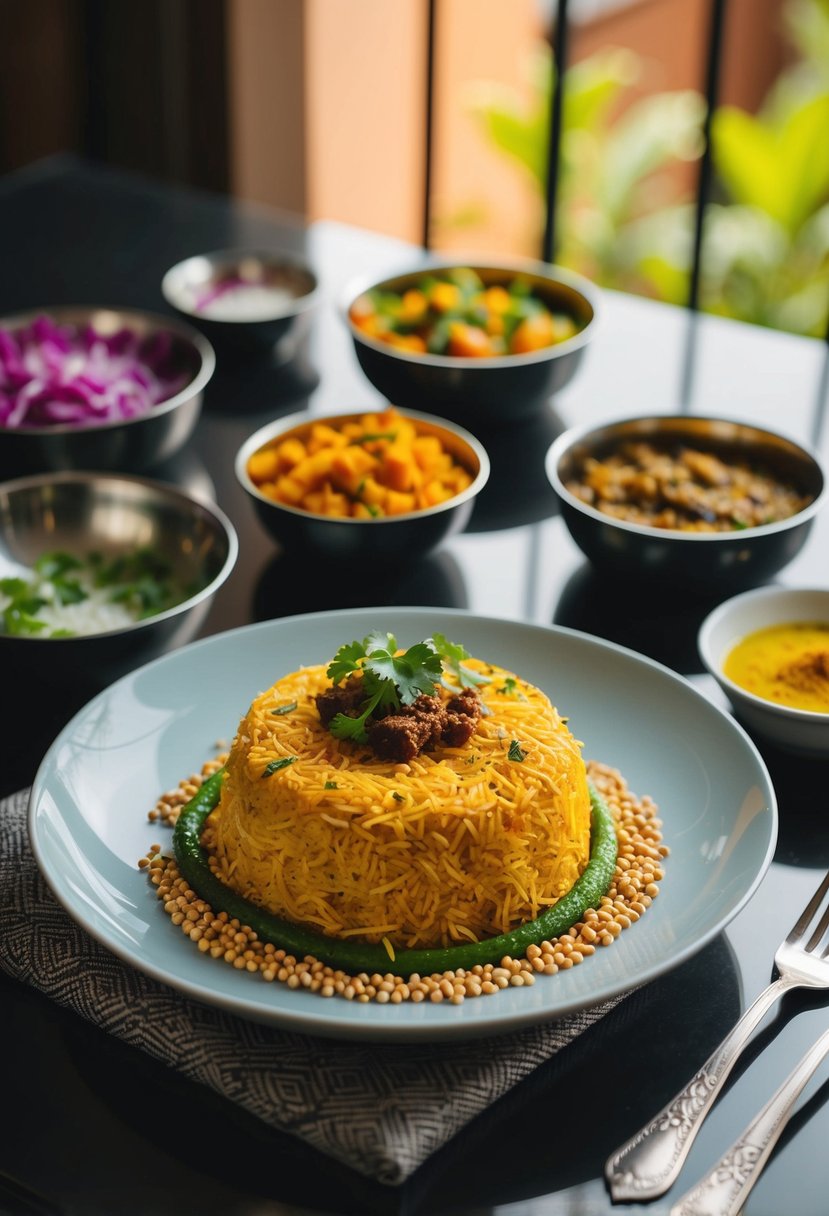 A table set with a traditional Gujarati meal of Sev Tameta Nu Shaak, with vibrant vegetables and spices