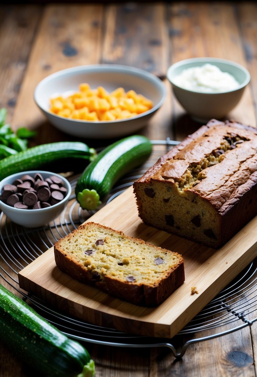 A wooden cutting board with fresh zucchinis, a bowl of chocolate chips, and a loaf of zucchini bread cooling on a wire rack