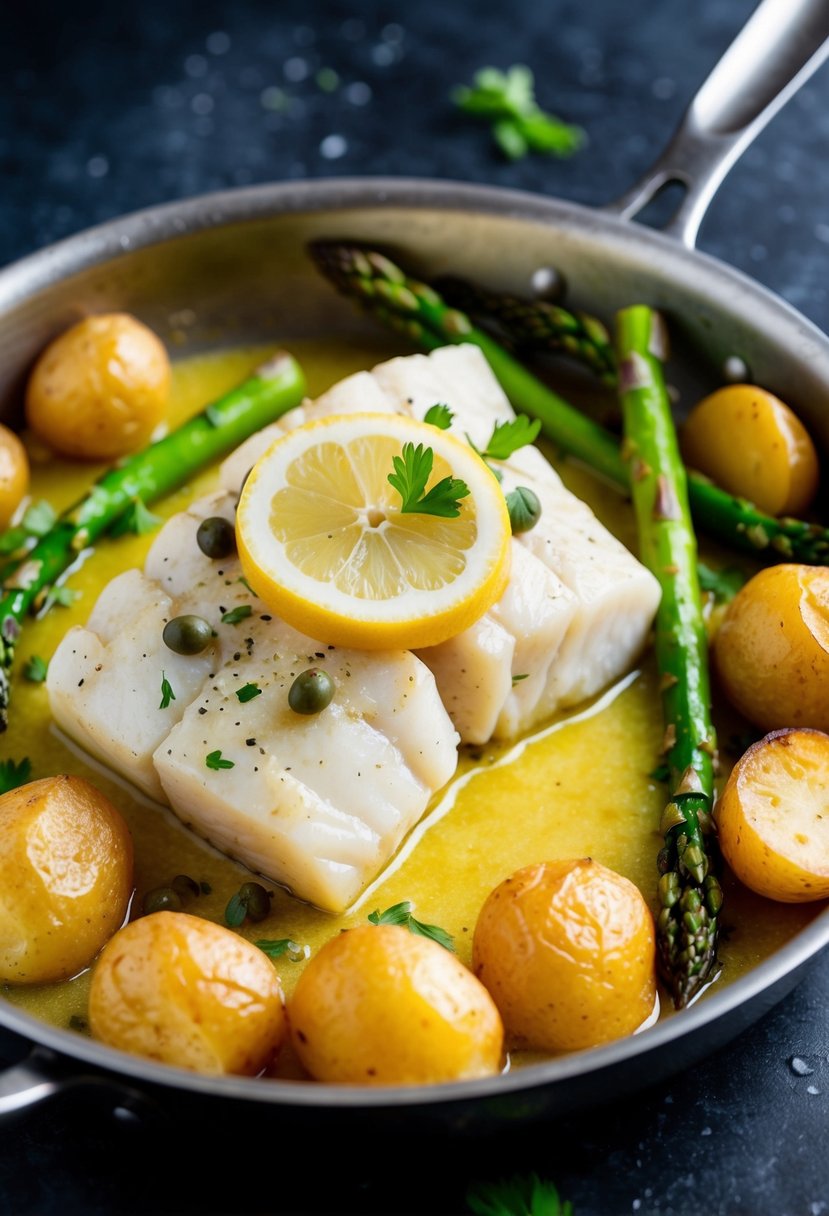 A sizzling halibut fillet in a lemony caper sauce, surrounded by vibrant green asparagus and golden roasted potatoes