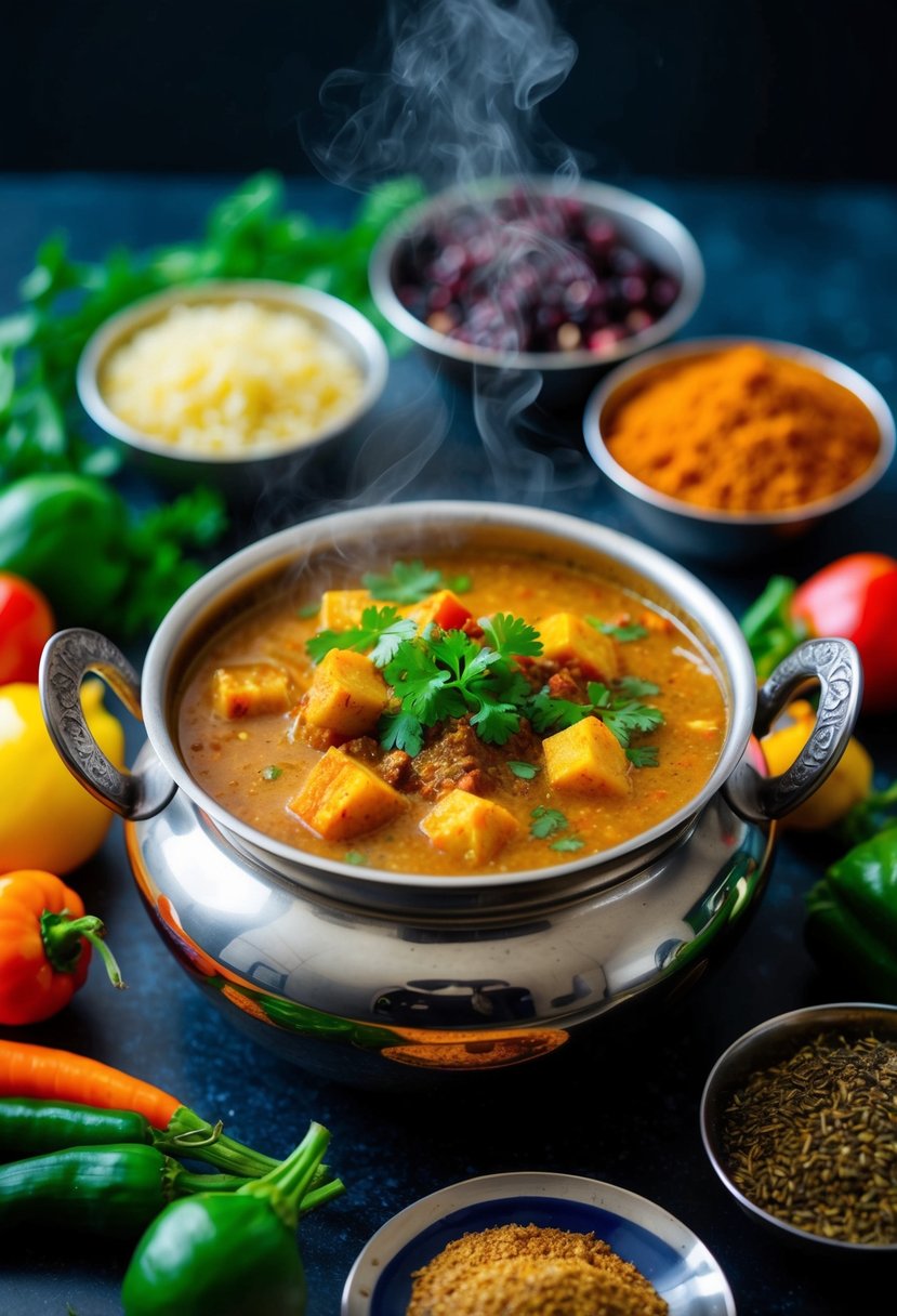 A steaming pot of Bhaat Na Rasawala Muthia surrounded by colorful vegetables and aromatic spices