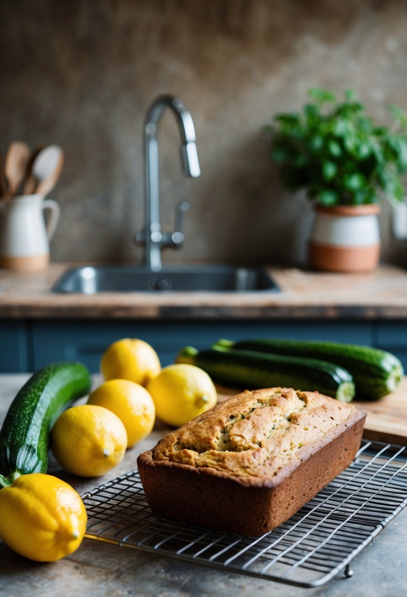 A rustic kitchen counter with fresh zucchinis, lemons, and a loaf of zucchini bread cooling on a wire rack