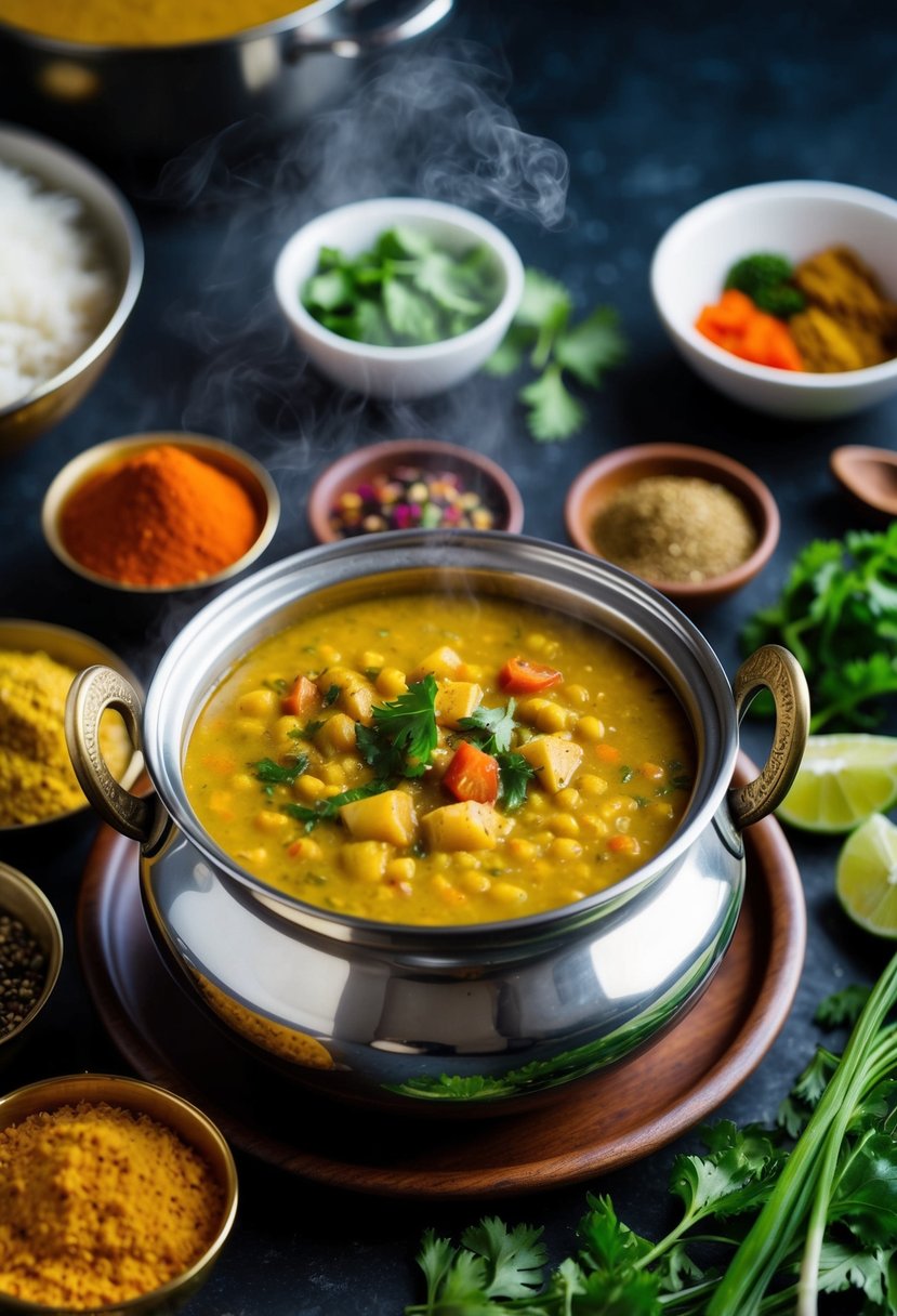 A steaming pot of Gujarati dal surrounded by various spices and fresh vegetables