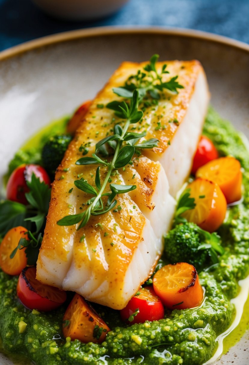 A golden-brown halibut fillet sits atop a bed of vibrant green pesto, garnished with fresh herbs and accompanied by colorful roasted vegetables