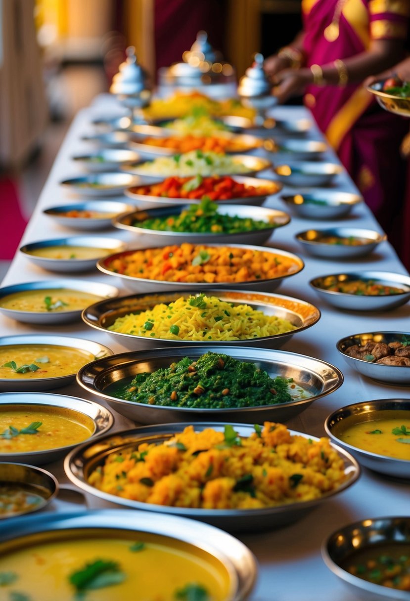 A table set with colorful dishes of Gujarati vegetarian cuisine. A variety of traditional Patra dishes arranged neatly on serving platters