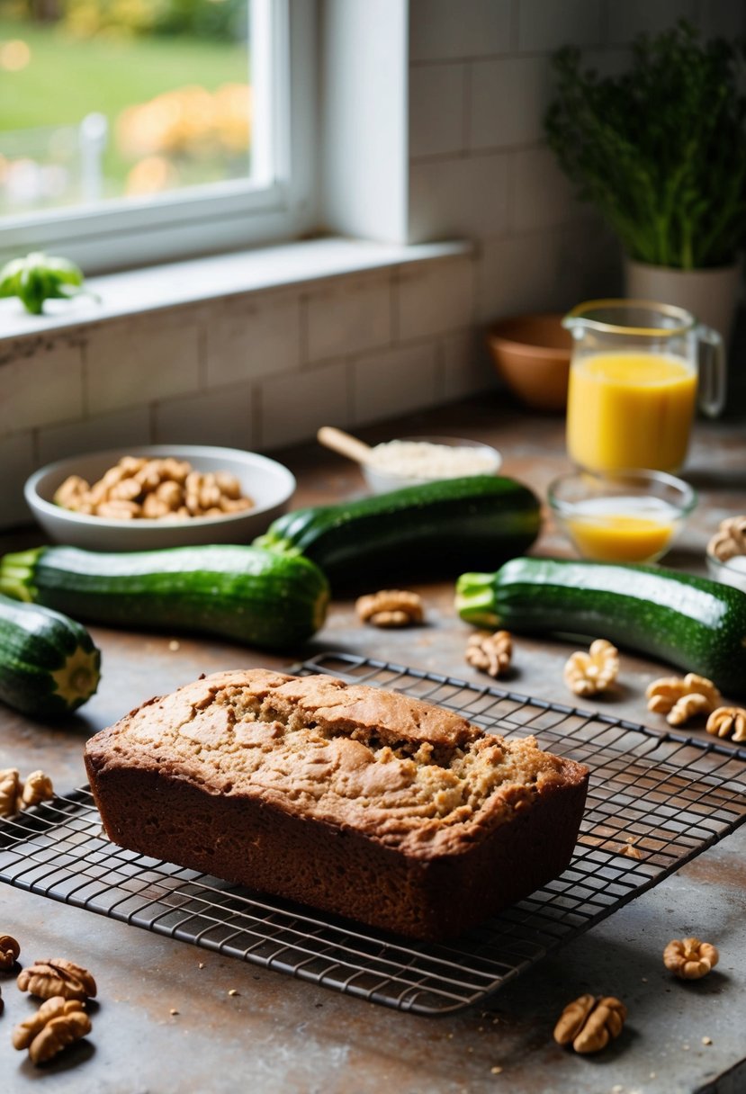 A rustic kitchen counter with fresh zucchinis, walnuts, and baking ingredients scattered around. A loaf of zucchini bread cooling on a wire rack