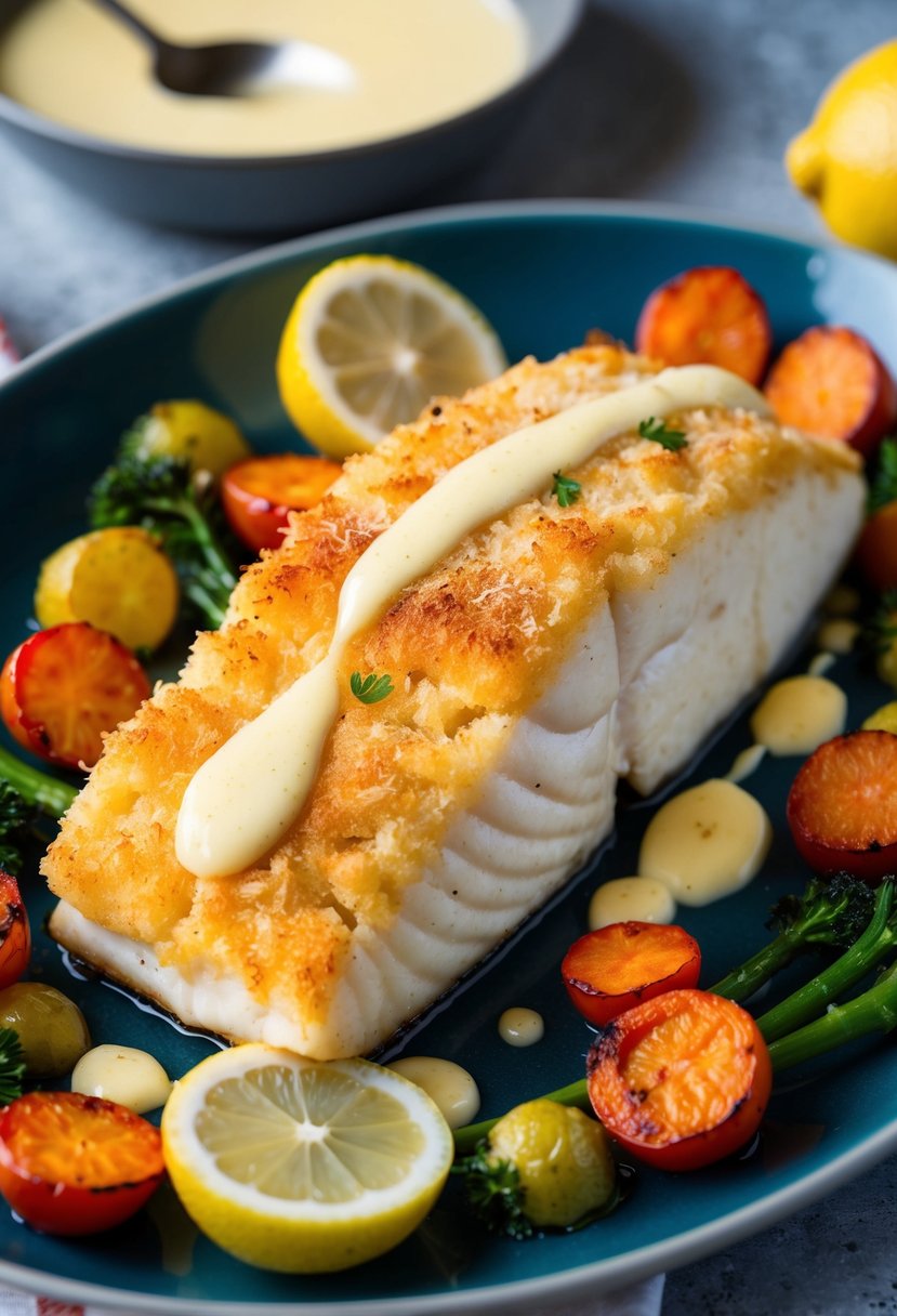 A golden-brown halibut fillet with a crispy Parmesan crust, surrounded by vibrant roasted vegetables and a drizzle of lemon butter sauce