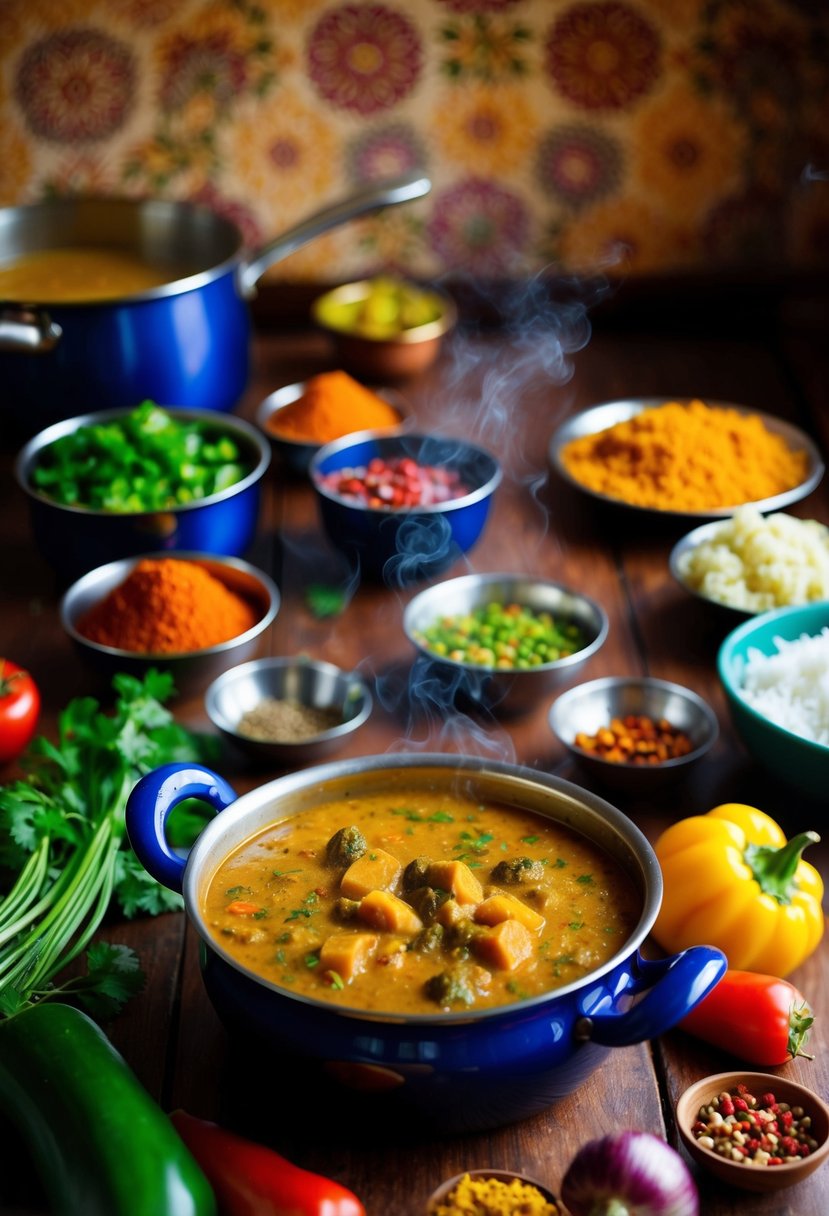 A traditional Gujarati kitchen with a steaming pot of Baingan Bharta surrounded by colorful spices and fresh vegetables