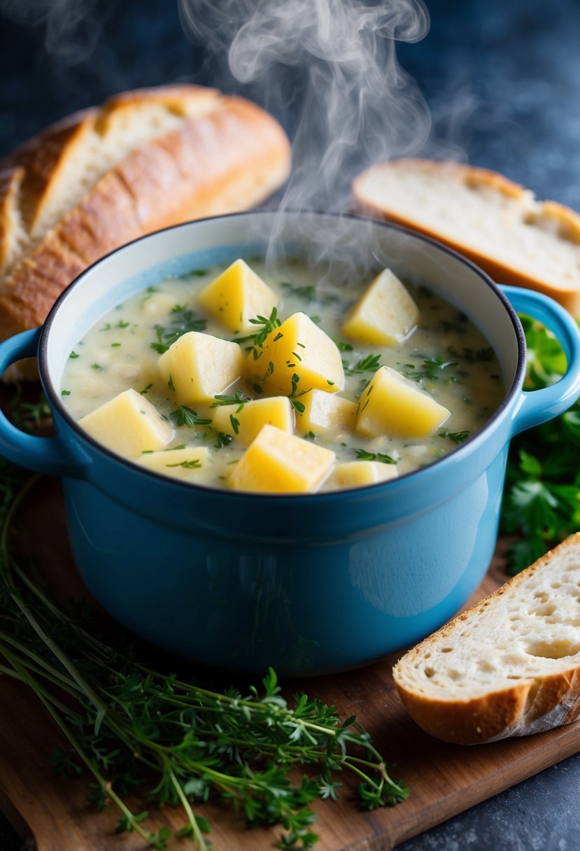 A steaming pot of halibut chowder with chunks of potatoes, surrounded by fresh herbs and a loaf of crusty bread