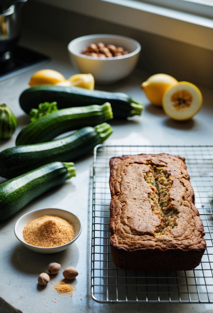 A kitchen counter with fresh zucchinis, nutmeg, and other baking ingredients laid out, alongside a freshly baked spiced zucchini bread cooling on a wire rack