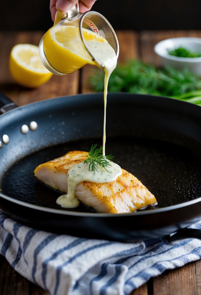 A sizzling halibut fillet is being seared in a hot pan, while a fragrant lemon dill sauce is being drizzled over it