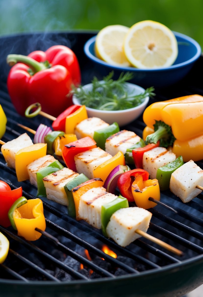 Halibut skewers sizzling on a grill with colorful bell peppers and a side of fresh herbs and lemon slices