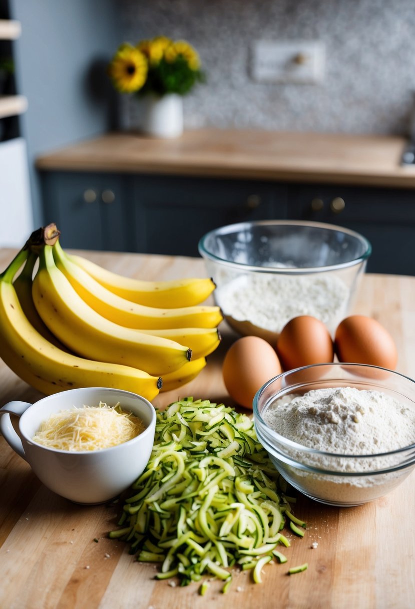 A kitchen counter with ingredients for banana zucchini bread, including ripe bananas, shredded zucchini, flour, eggs, and a mixing bowl