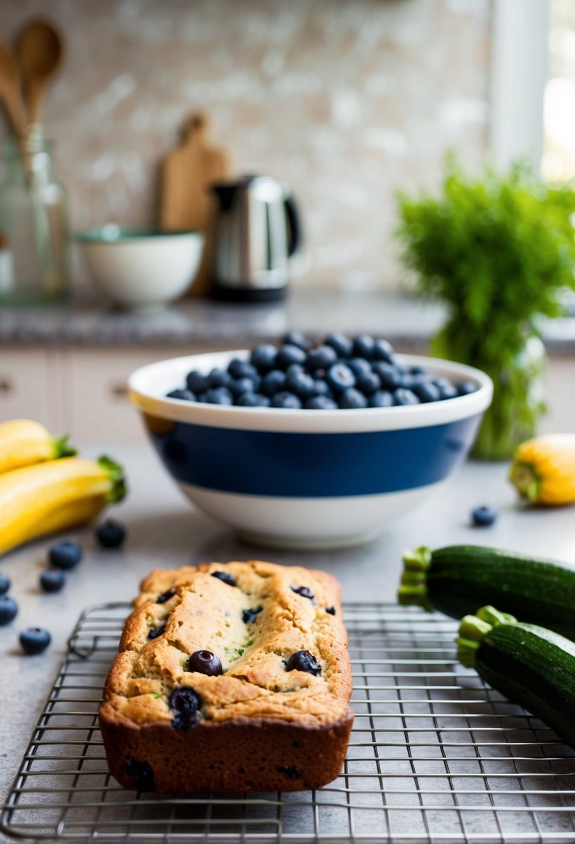 A kitchen counter with fresh blueberries and zucchinis, a mixing bowl, and a loaf of blueberry zucchini bread cooling on a wire rack