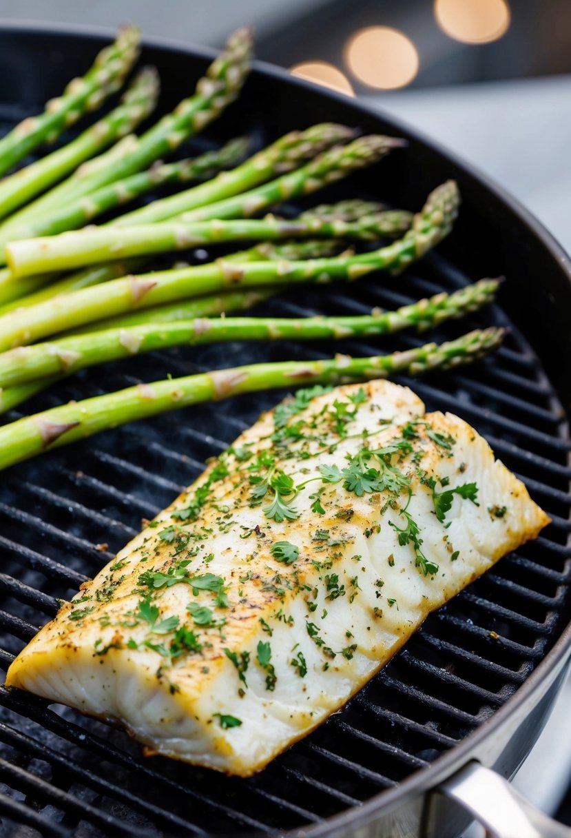 A halibut fillet, coated in herbs, sizzling on a grill alongside a bed of fresh asparagus spears