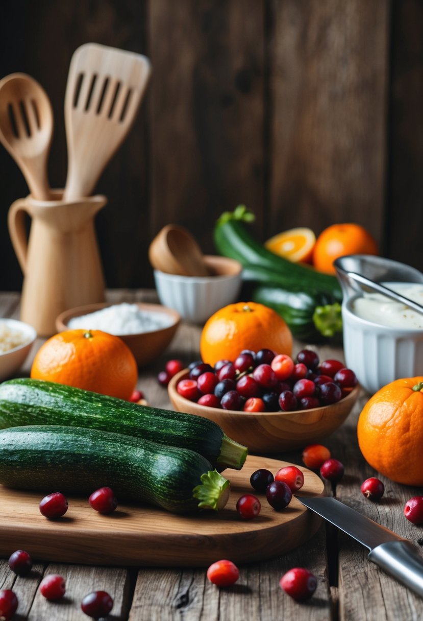 A rustic kitchen scene with fresh zucchinis, cranberries, and oranges on a wooden table, surrounded by baking ingredients and utensils