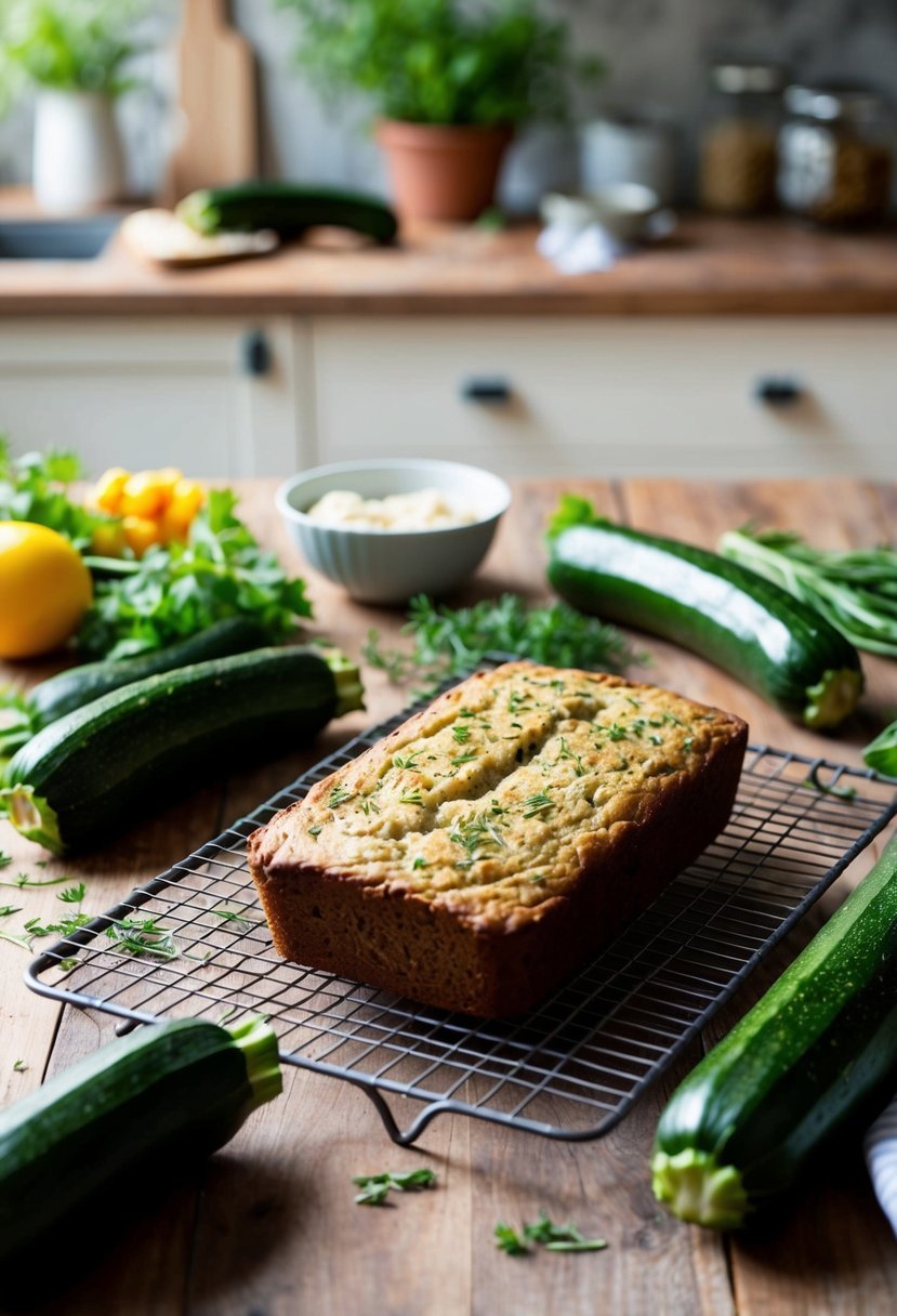 A rustic kitchen counter with fresh zucchinis, herbs, and baking ingredients scattered around. A loaf of savory herb zucchini bread sits cooling on a wire rack