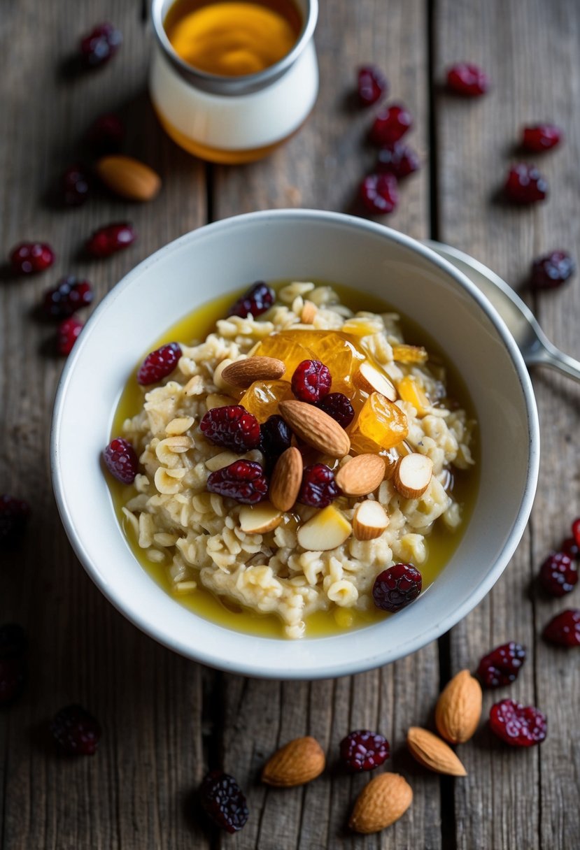 A bowl of oatmeal topped with craisins, almonds, and honey, surrounded by a scattering of dried cranberries on a rustic wooden table