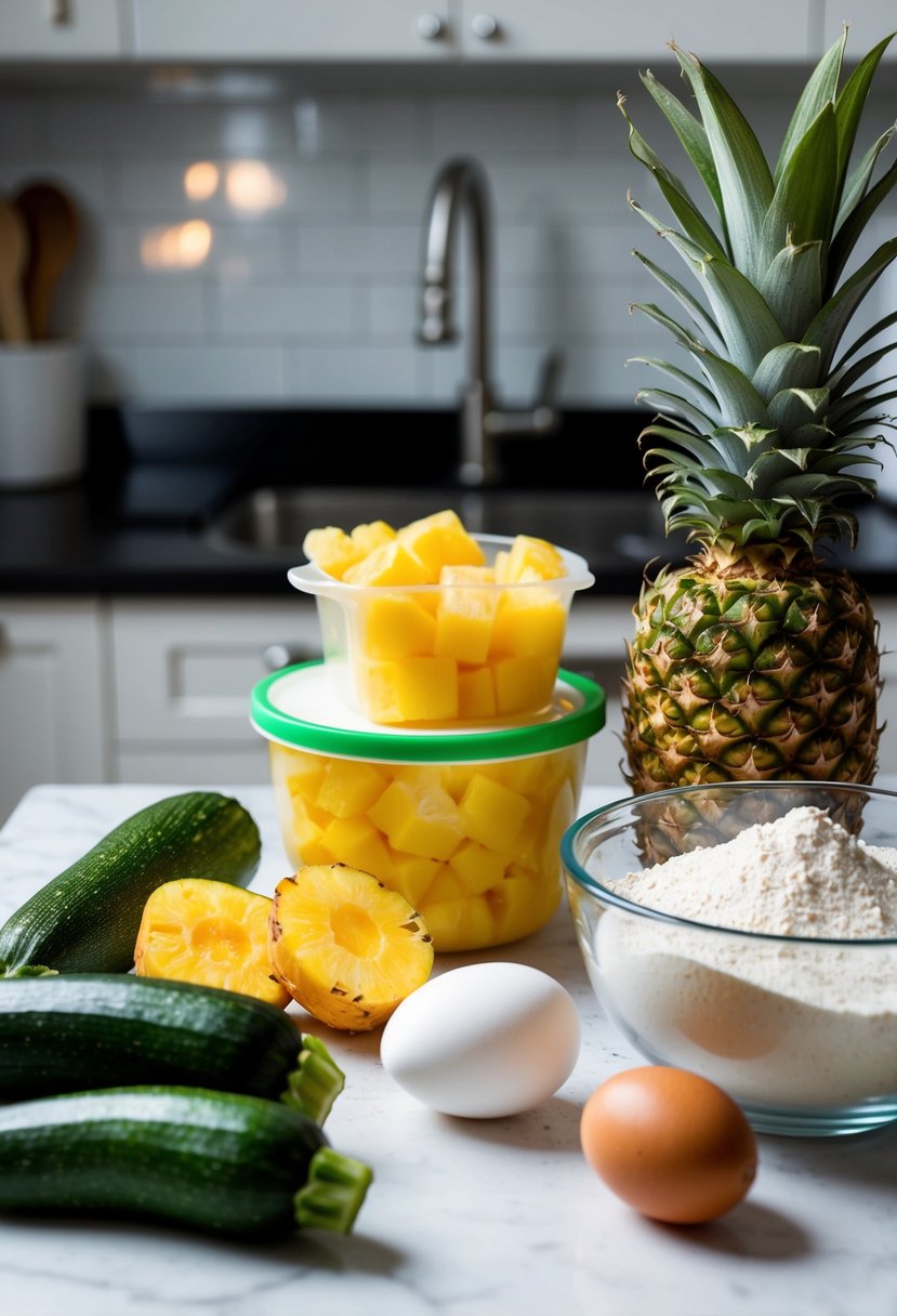 A kitchen counter with ingredients for pineapple zucchini bread: zucchinis, pineapples, flour, eggs, and a mixing bowl