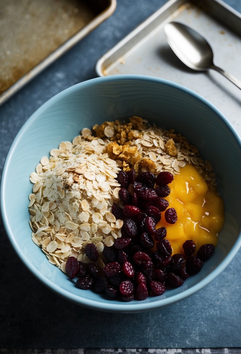 A mixing bowl filled with oats, craisins, and ingredients. A spoon and baking sheet nearby