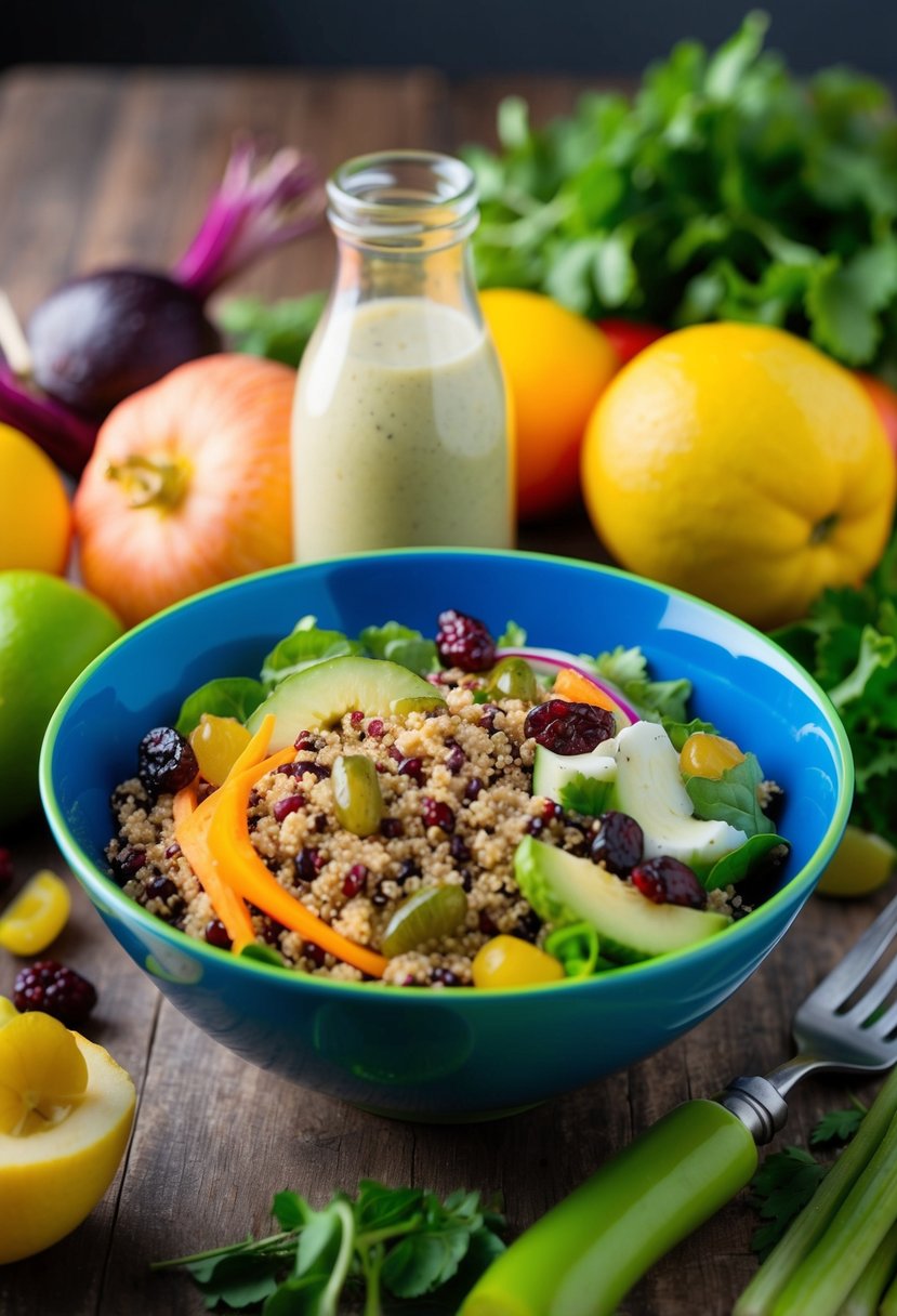 A colorful bowl filled with quinoa, craisins, and various salad ingredients, surrounded by fresh produce and a bottle of salad dressing