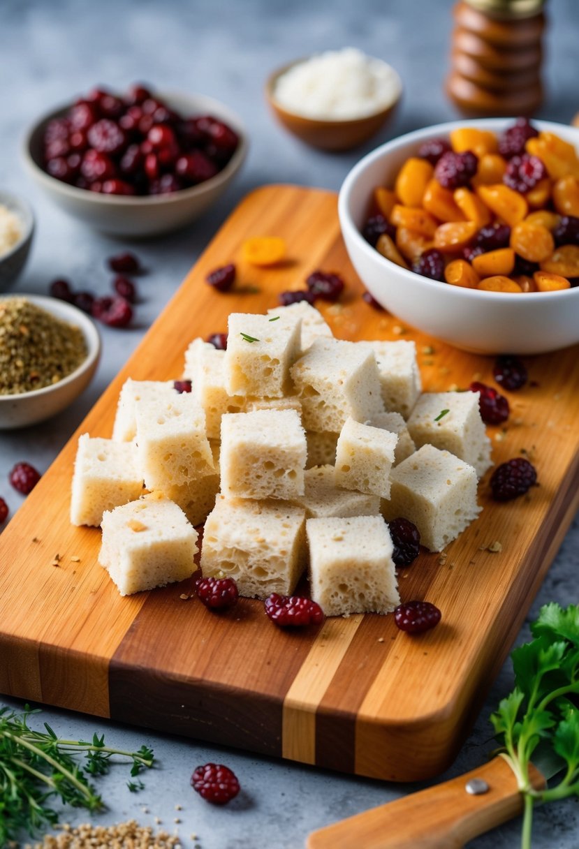 A wooden cutting board with a scattering of craisins, a bowl of diced turkey, and a pile of bread cubes, surrounded by various spices and herbs