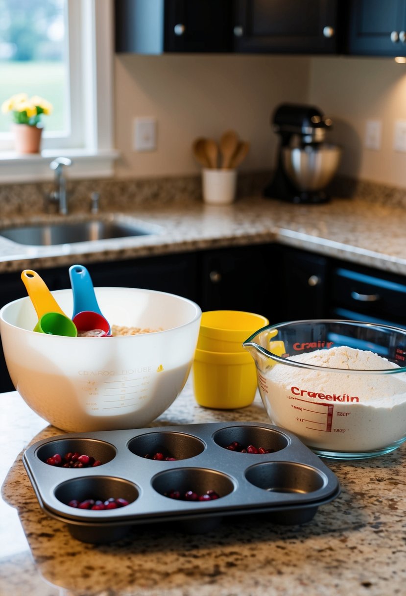 A kitchen counter with a mixing bowl, measuring cups, craisins, flour, and a muffin tin ready to make cranberry-craisin muffins