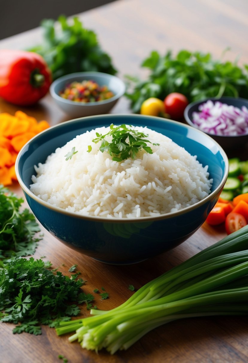 A bowl of steamed white rice surrounded by colorful, chopped vegetables and herbs on a wooden table