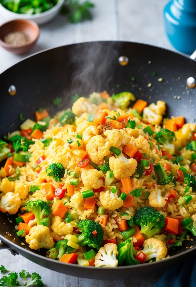 A colorful stir-fry sizzling in a wok, filled with vibrant cauliflower rice, mixed vegetables, and savory seasonings