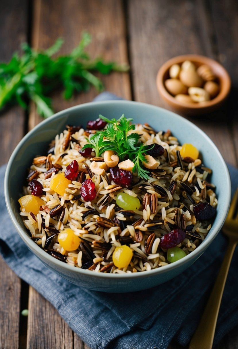 A bowl of wild rice mixed with craisins, garnished with fresh herbs and nuts, sits on a rustic wooden table