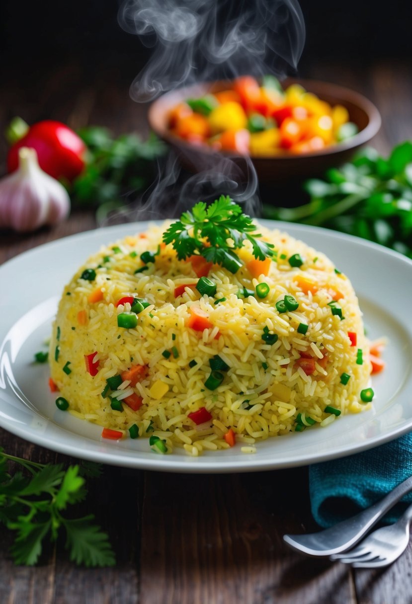 A steaming plate of garlic herb rice with colorful mixed vegetables