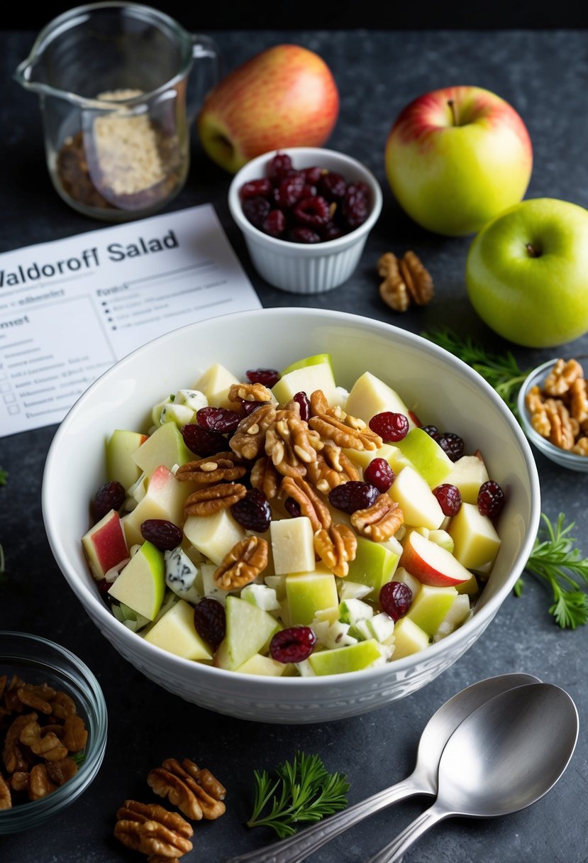 A bowl of Waldorf Salad with apples, craisins, and walnuts, surrounded by ingredients and a recipe card