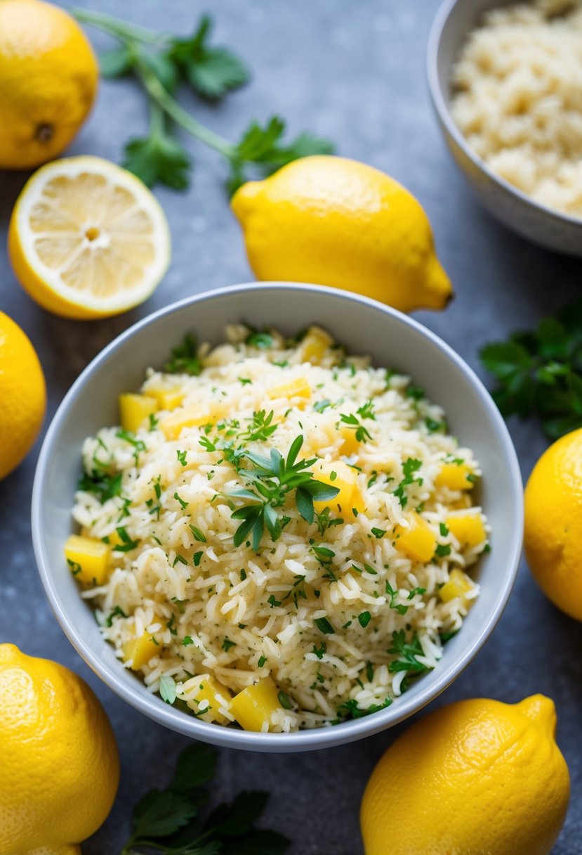 A bowl of lemon parmesan rice topped with fresh herbs and surrounded by vibrant yellow lemons