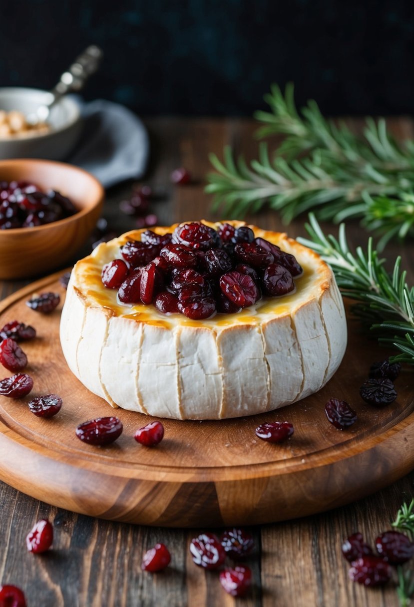 A wheel of baked brie topped with a generous layer of craisins sits on a wooden serving board, surrounded by a scattering of additional craisins and sprigs of fresh rosemary