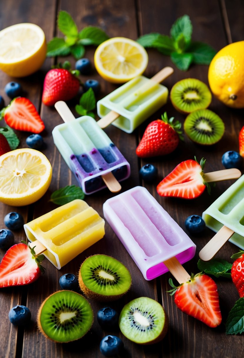 A variety of fresh fruit and popsicle molds arranged on a wooden table. Sliced strawberries, blueberries, and kiwi, along with mint leaves and lemon wedges, are scattered around