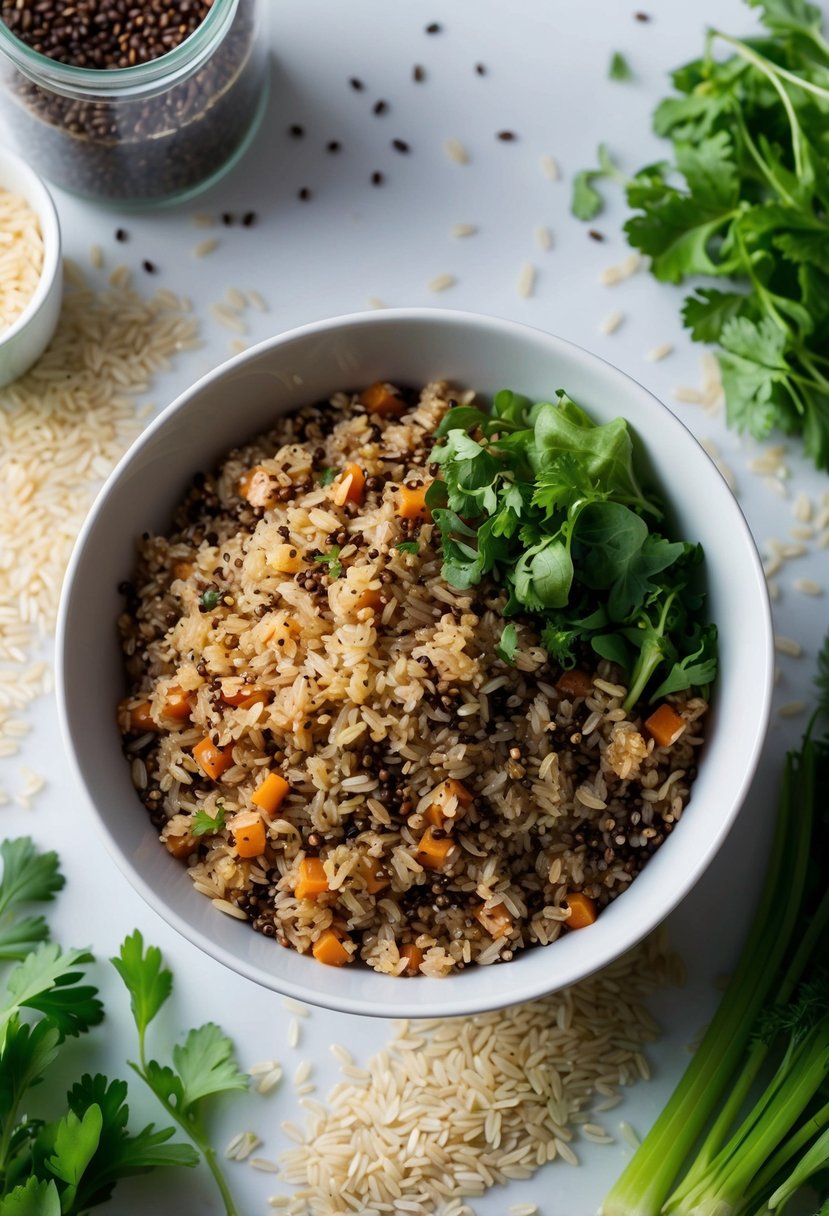 A bowl of mixed brown rice and quinoa surrounded by scattered white rice grains, with fresh vegetables and herbs on the side