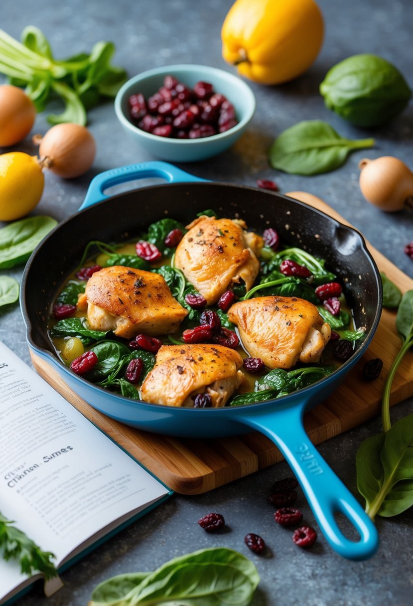 A skillet sizzling with chicken, spinach, and craisins, surrounded by fresh ingredients and a recipe book open to a page on craisin-infused dishes