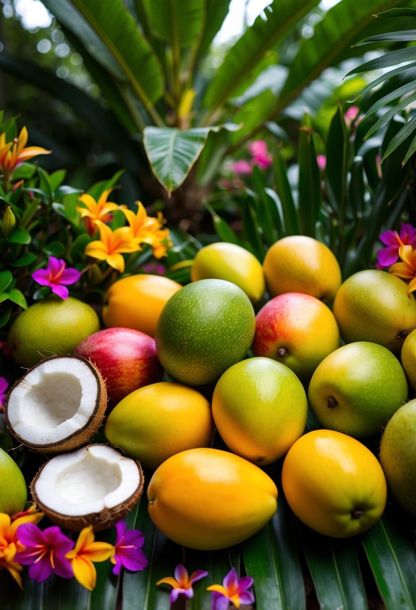 A colorful array of fresh mangoes and coconuts, surrounded by tropical foliage and vibrant flowers