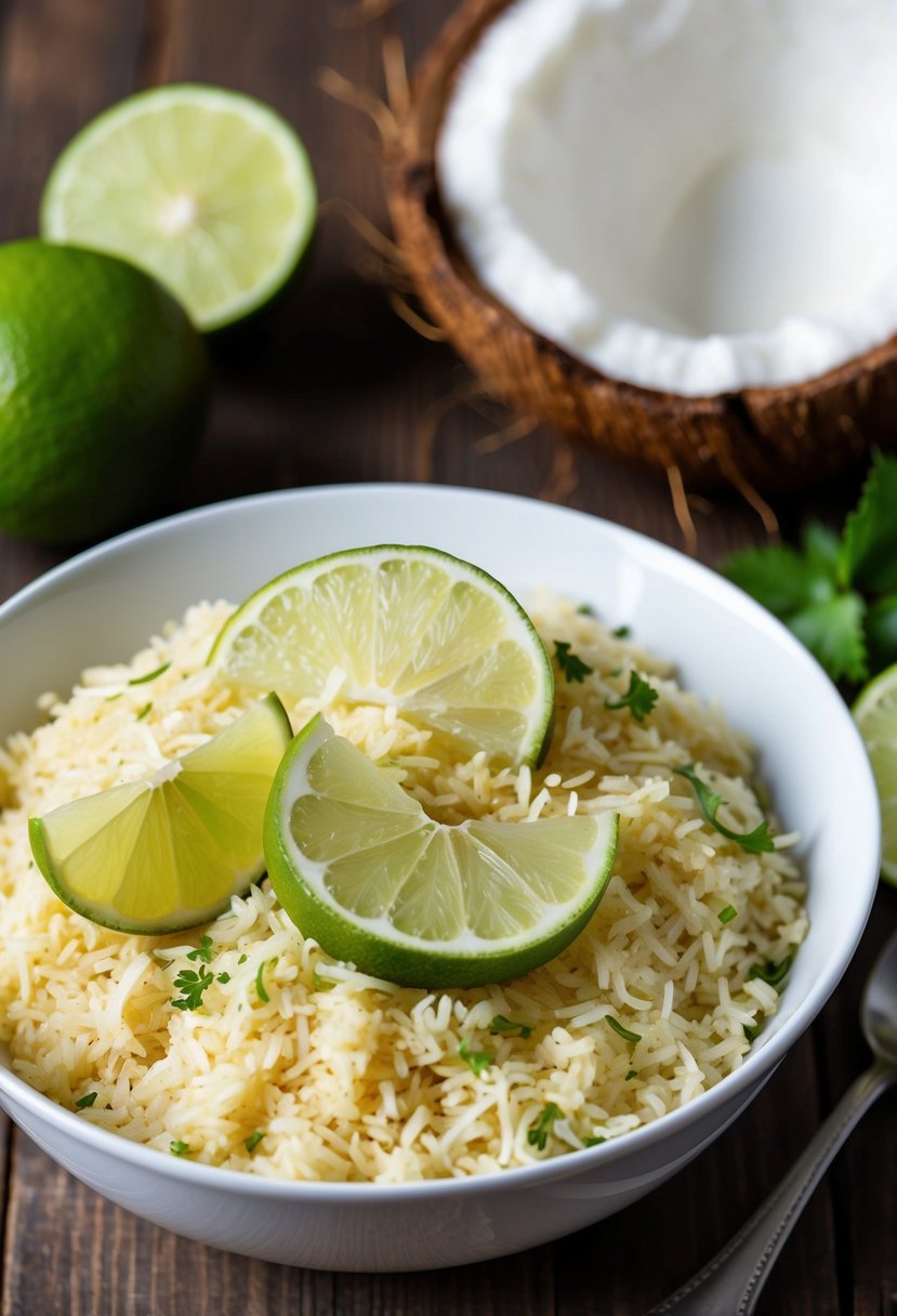 A bowl of coconut lime rice with fresh lime slices and shredded coconut on a wooden table