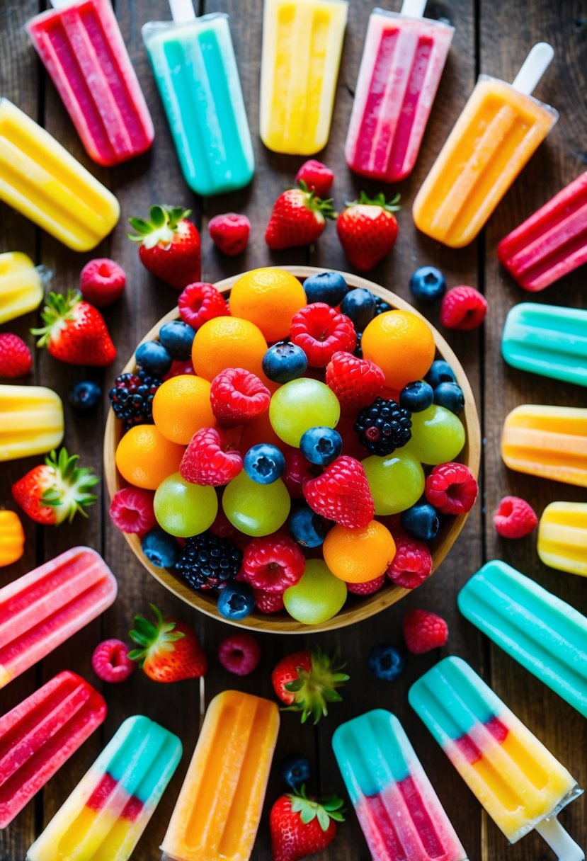 A colorful array of fresh berries and tropical fruits arranged on a wooden table, surrounded by vibrant popsicles in various stages of melting