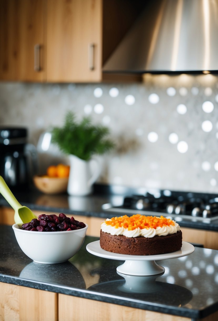 A kitchen counter with a mixing bowl filled with craisins and a carrot cake being prepared next to it