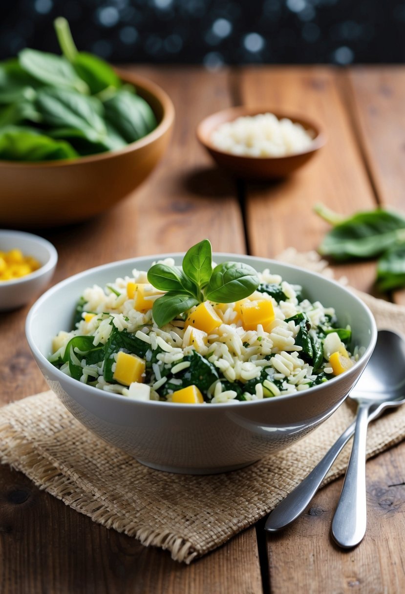 A bowl of spinach and feta rice salad with fresh ingredients on a wooden table