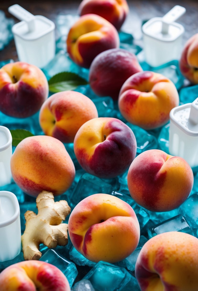 A colorful array of ripe peaches and fresh ginger, surrounded by ice and popsicle molds