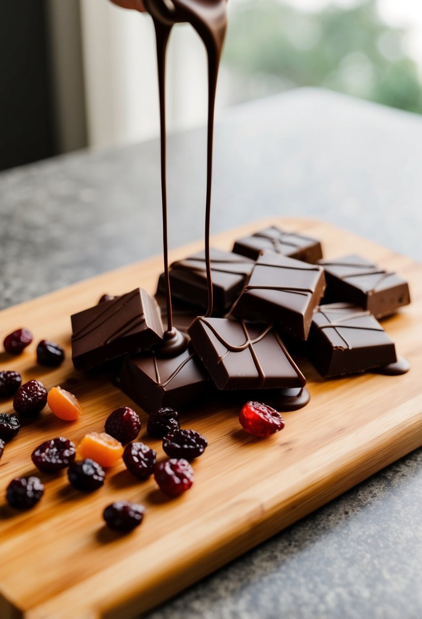 A wooden cutting board with scattered craisins, chocolate chunks, and a drizzle of melted chocolate