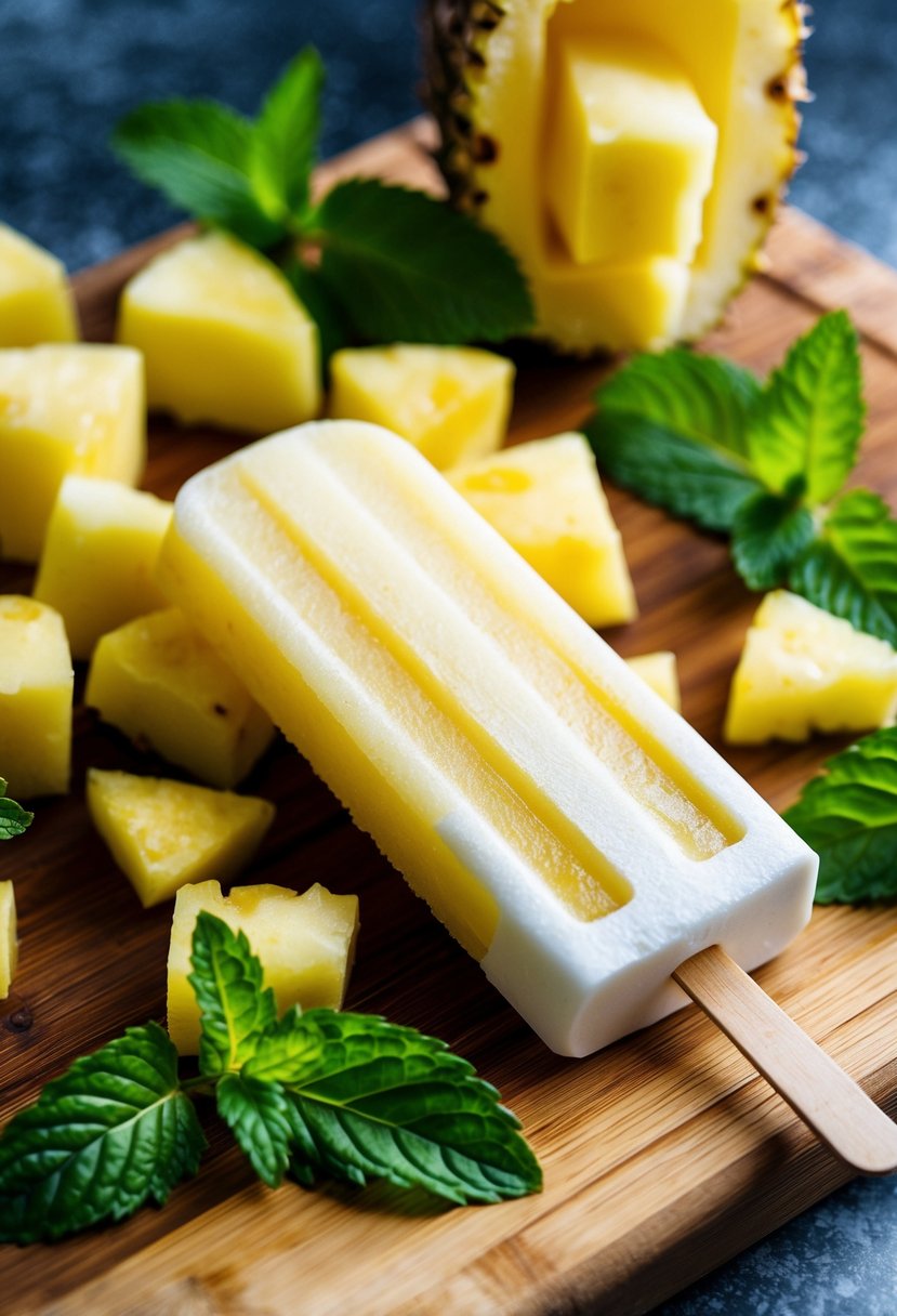 A refreshing pineapple mint twist popsicle surrounded by fresh pineapple chunks and sprigs of mint on a wooden cutting board